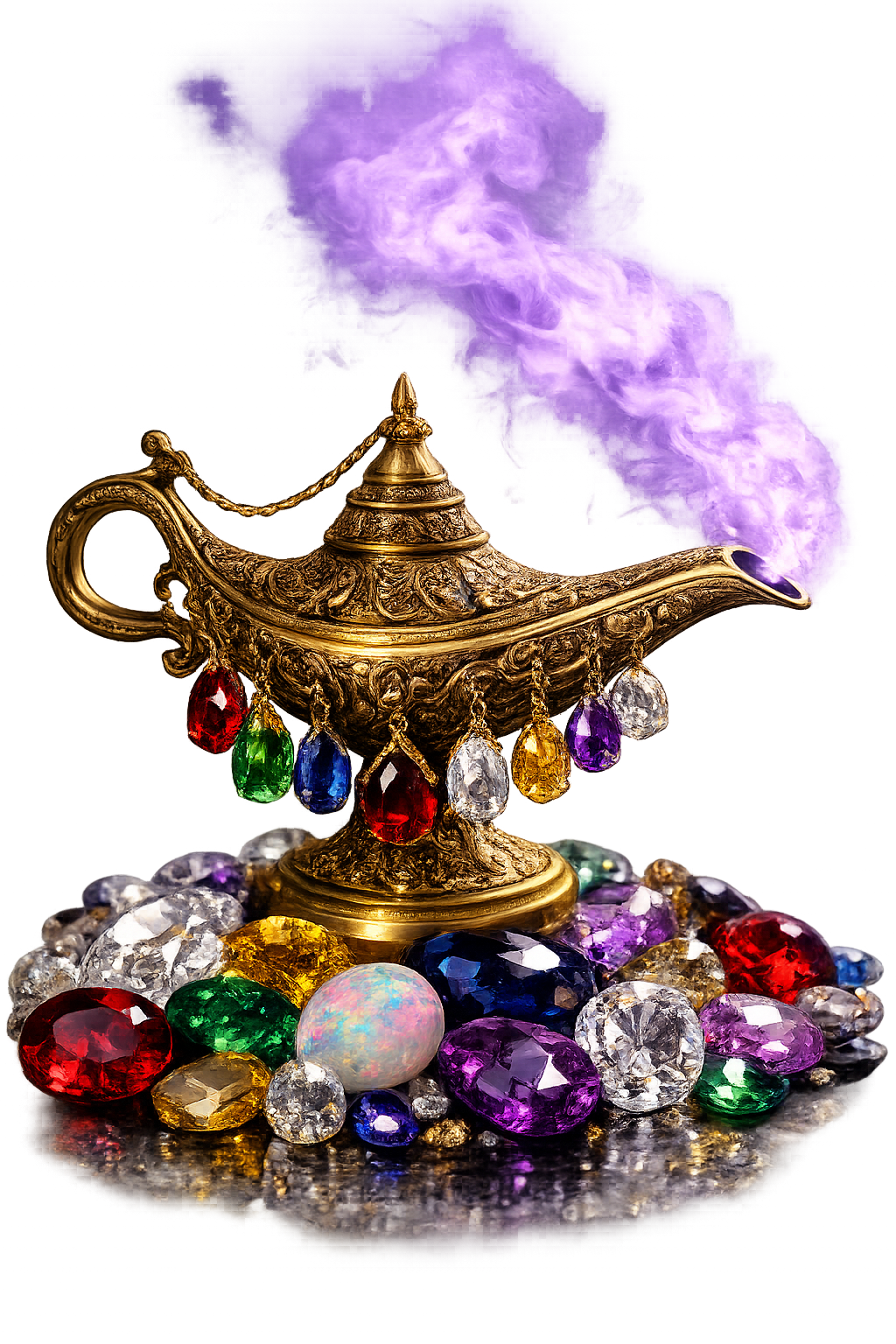 Grote gouden wenslamp met waardevolle edelstenen en paarse rook